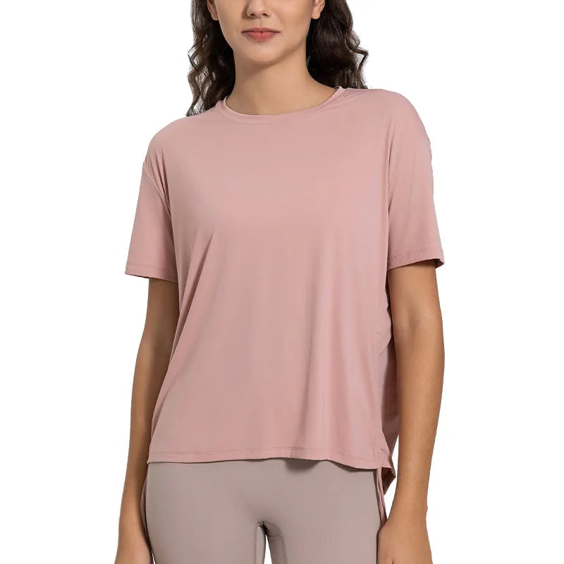 Women's Summer Casual Relaxed Breathable Solid Color Sports Short-Sleeved Yoga T-Shirt New Side Drawstring & Printed Design