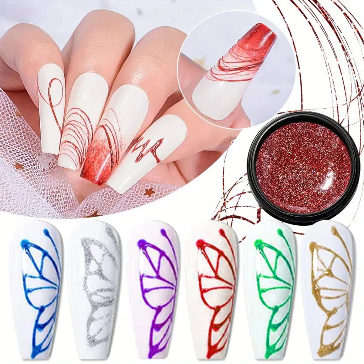6 Color Reflective Spider Liner Gel Nail Art Polish Web Painting Glitter Drawing Gel Polish