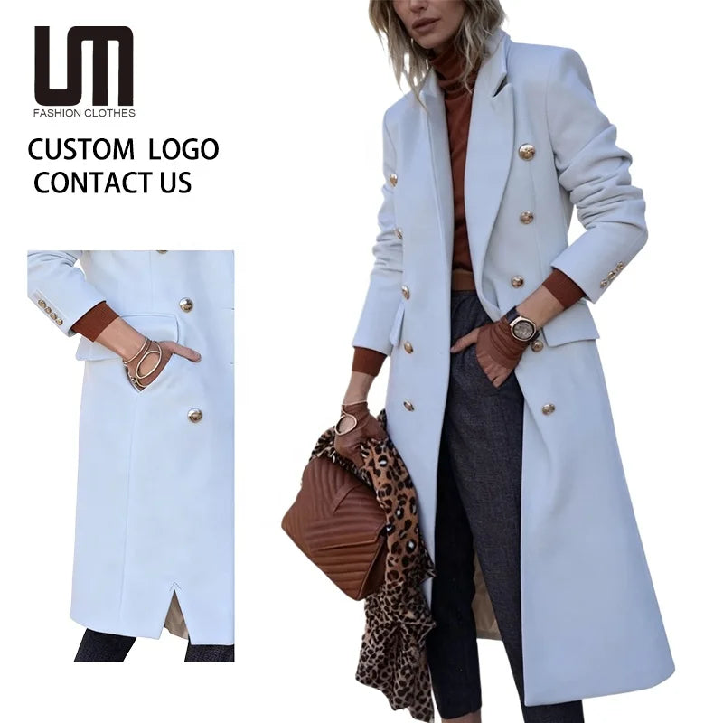 OEM Service Wholesale Fall Winter Fashion Women Casual Woolen Solid Color Double Breasted Ladies Plus Size Overcoat Coats