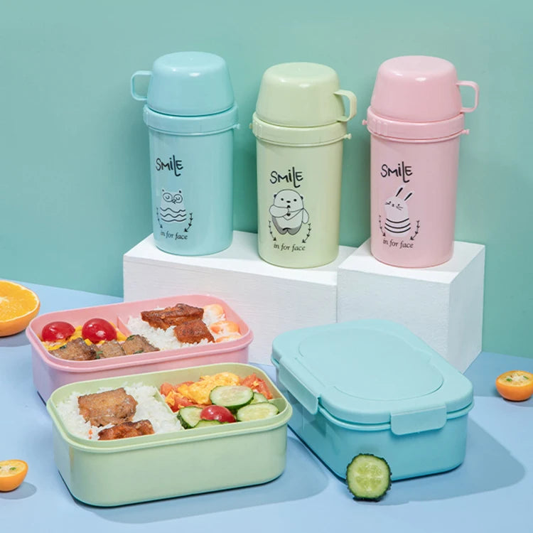 Durable PP Plastic Student Kid Children School Bento Lunch Box Water Bottle Set 3 Divided Bento Box Spoon Lunch Box Set