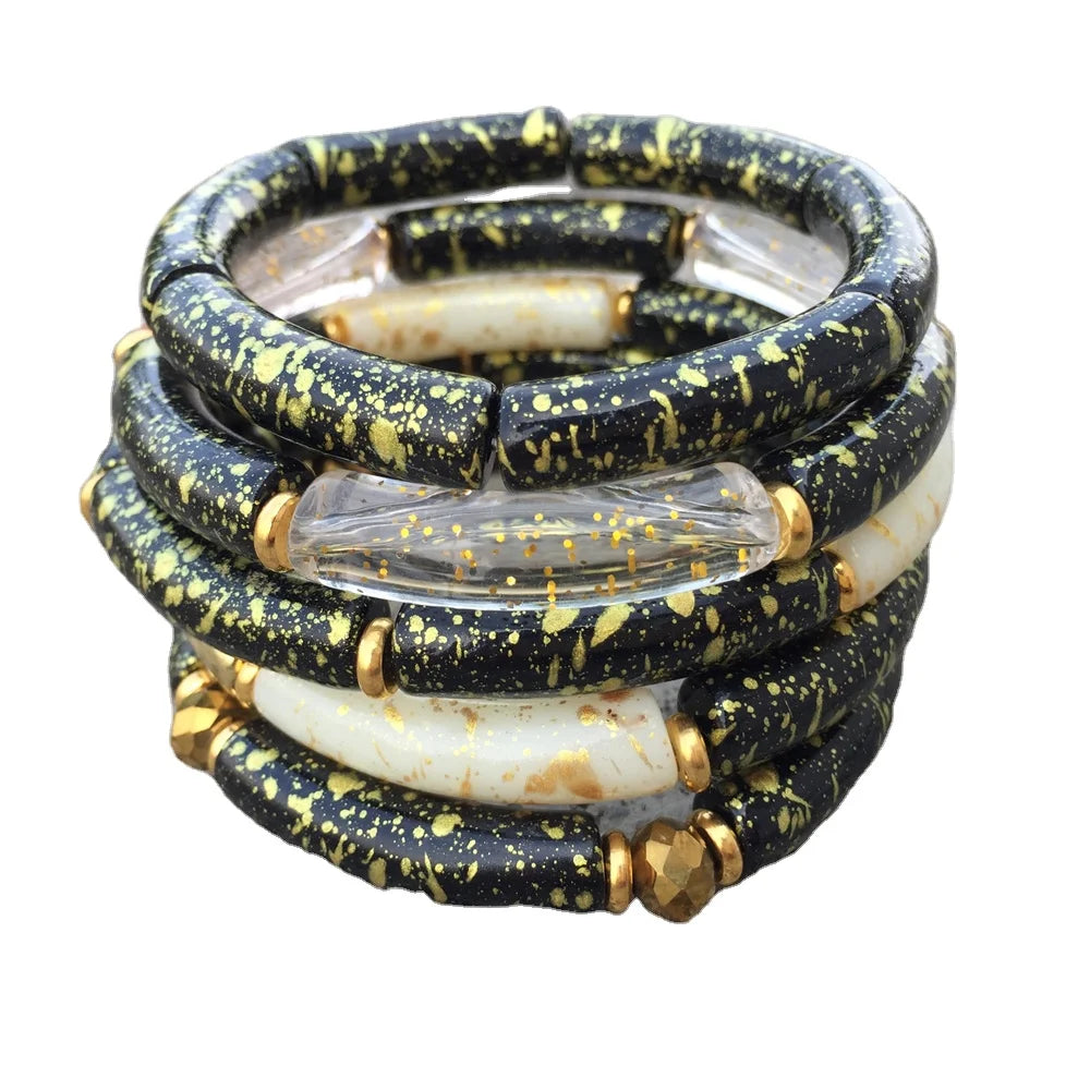 Summer New Vintage Bohemian Transparent Gold Foil Black Retro Spots Unisex Acrylic Bamboo Tube Beads Bracelet Bangles