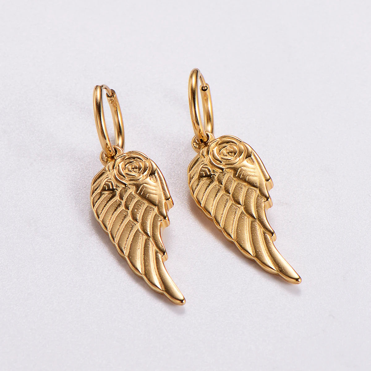Tarnish-Free 18k Gold PVD Stainless Steel Earrings Trendy Drop Flower Fairy Angel Wing Design for Party-Women's Fashion Jewelry