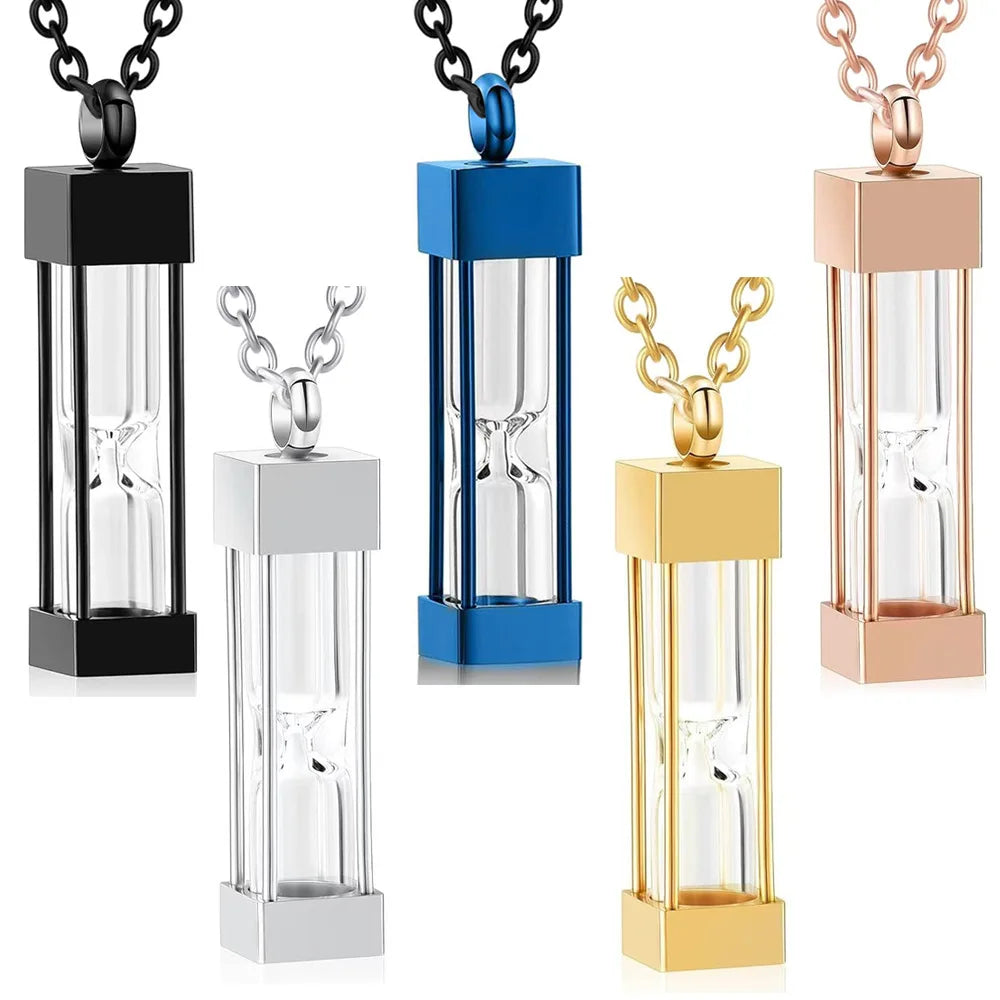 Hourglass Cremation Jewelry Stainless Steel Glass Hourglass Urn Keepsake Charm Necklace Sands of Time Pendant Necklace