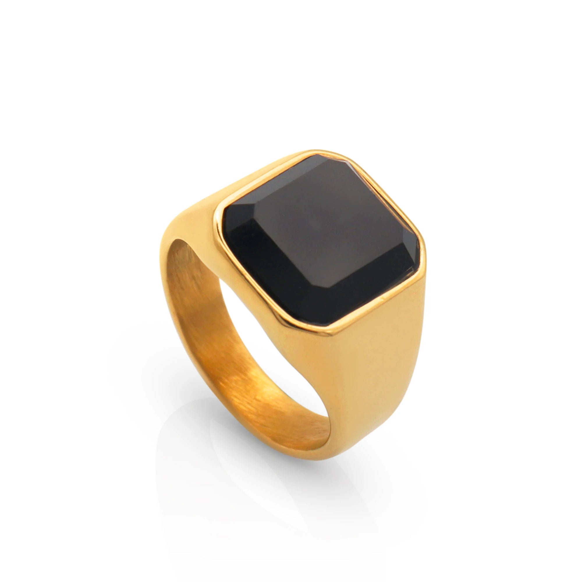 Chris April Fashion Jewelry PVD Gold Plated Titanium Steel Men Ring Minimalist Black Onyx Signet Ring