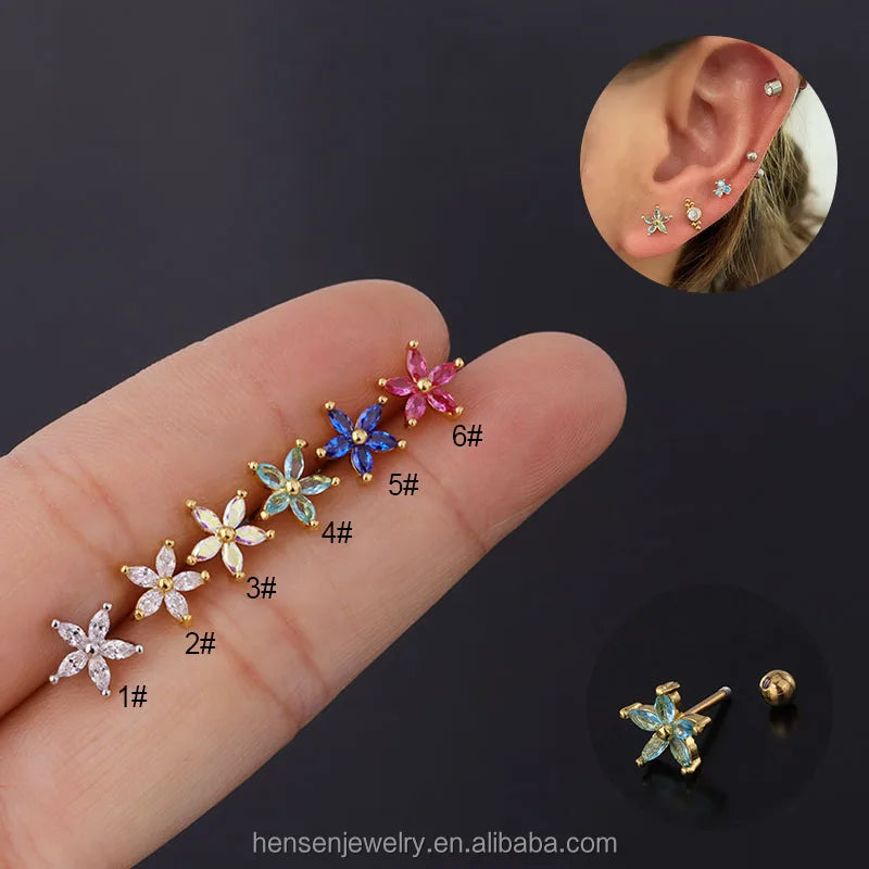 20g Daisy Flower Fresh Summer Color Blue Pink Aquamarine CZ Auricle Piercing Ear Tragus Rook Helix Studs
