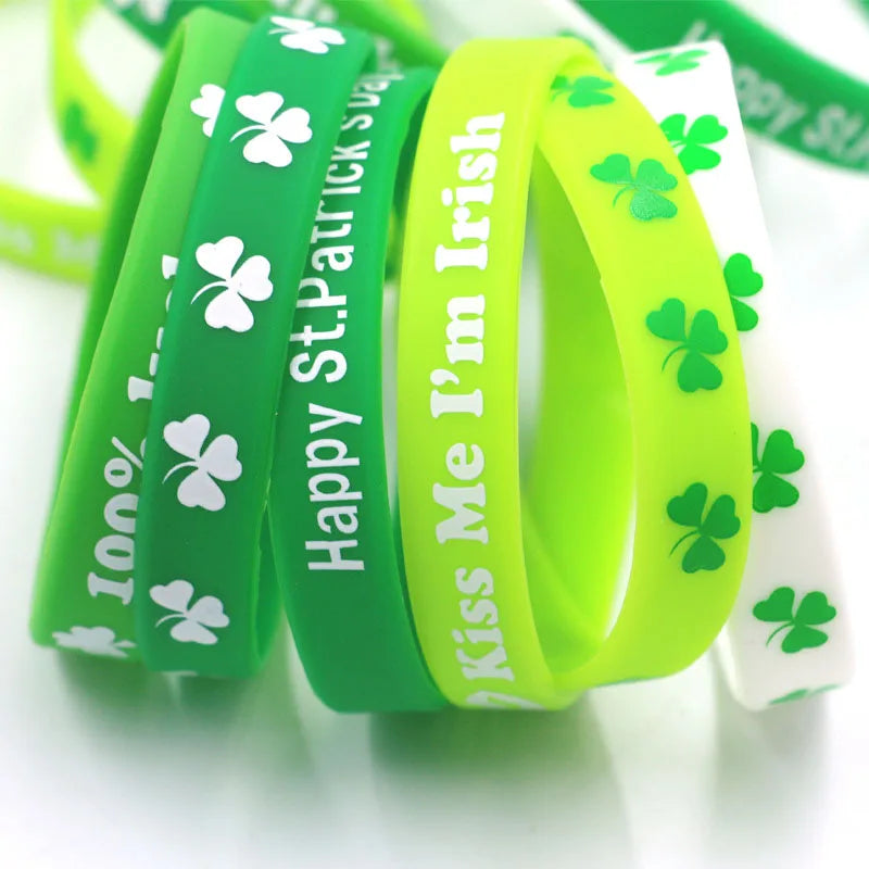 Eco-friendly Customized Embossed Printing logo Irish Clover Silicone Waterproof Durable Sports Wristband Cheap Fitness Bracelets