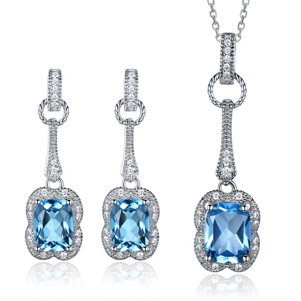 Wedding Bridal Natural Blue Topaz Pendant Necklace Drop Earring Accessories Luxury Fashion Jewelry Set for Women
