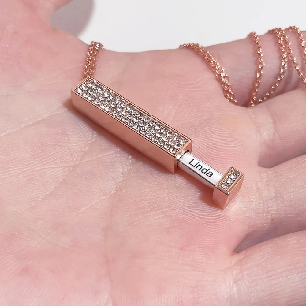 DIY Custom Engravable Name Retractable Pendant Summer Crystal Hiphop Shining Jewelry Stretchable Vertical Bar Necklace Women