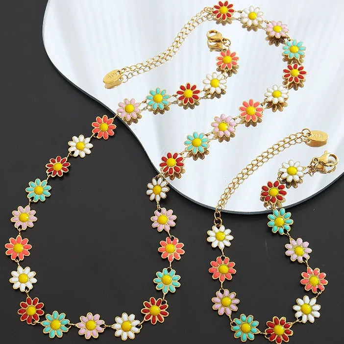 Trendy Newest 2 Pcs/set Colorful Oil Drop Enamel Flower Link Chain Bracelet Stainless Steel Sun Flower Necklace Jewelry Set
