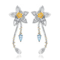 Abiding Natural Blue Topaz Gemstone Flower Gold Plated Fashion 925 Sterling Silver Jewelry Drop Earrings for Women