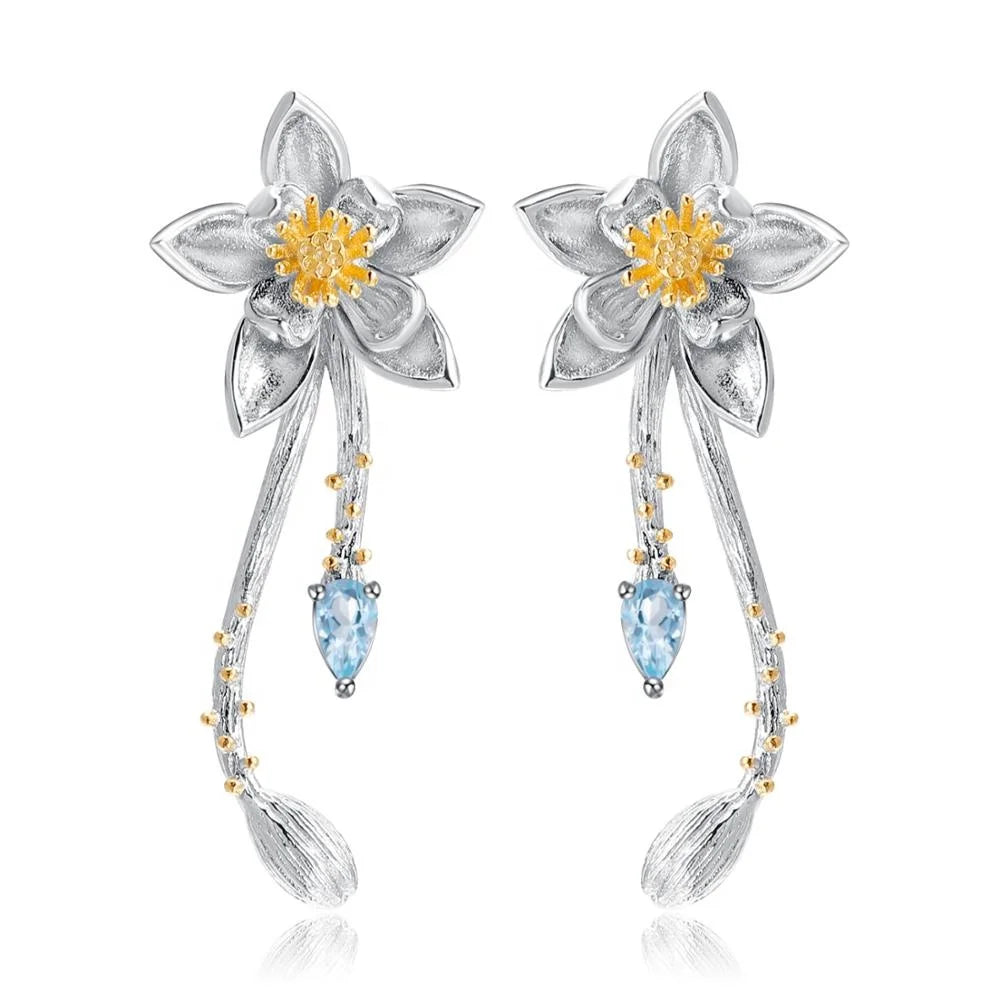 Abiding Natural Blue Topaz Gemstone Flower Gold Plated Fashion 925 Sterling Silver Jewelry Drop Earrings for Women