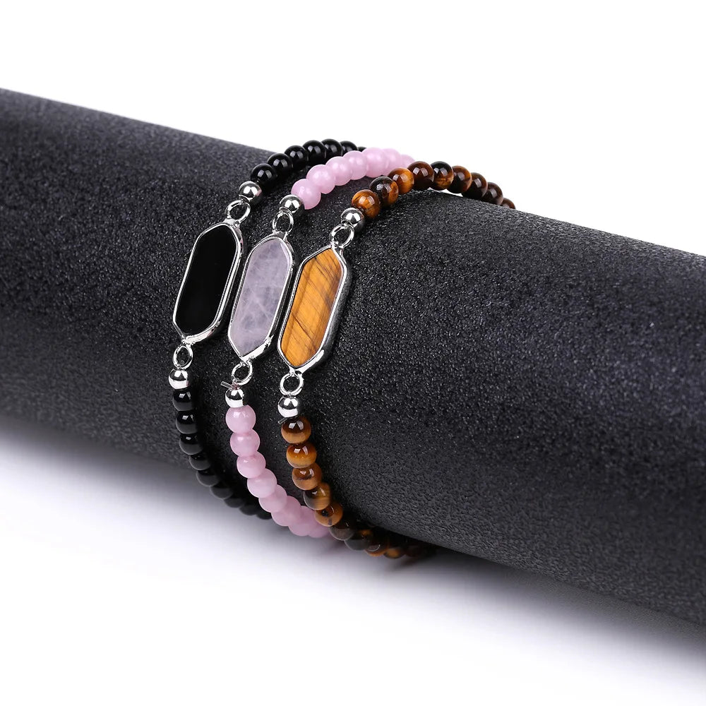 Diamond Rhombus Geometric Charm Elastic 4mm Natural Stone Small Round Bead Gemstone Crystal Bracelet for Women Men
