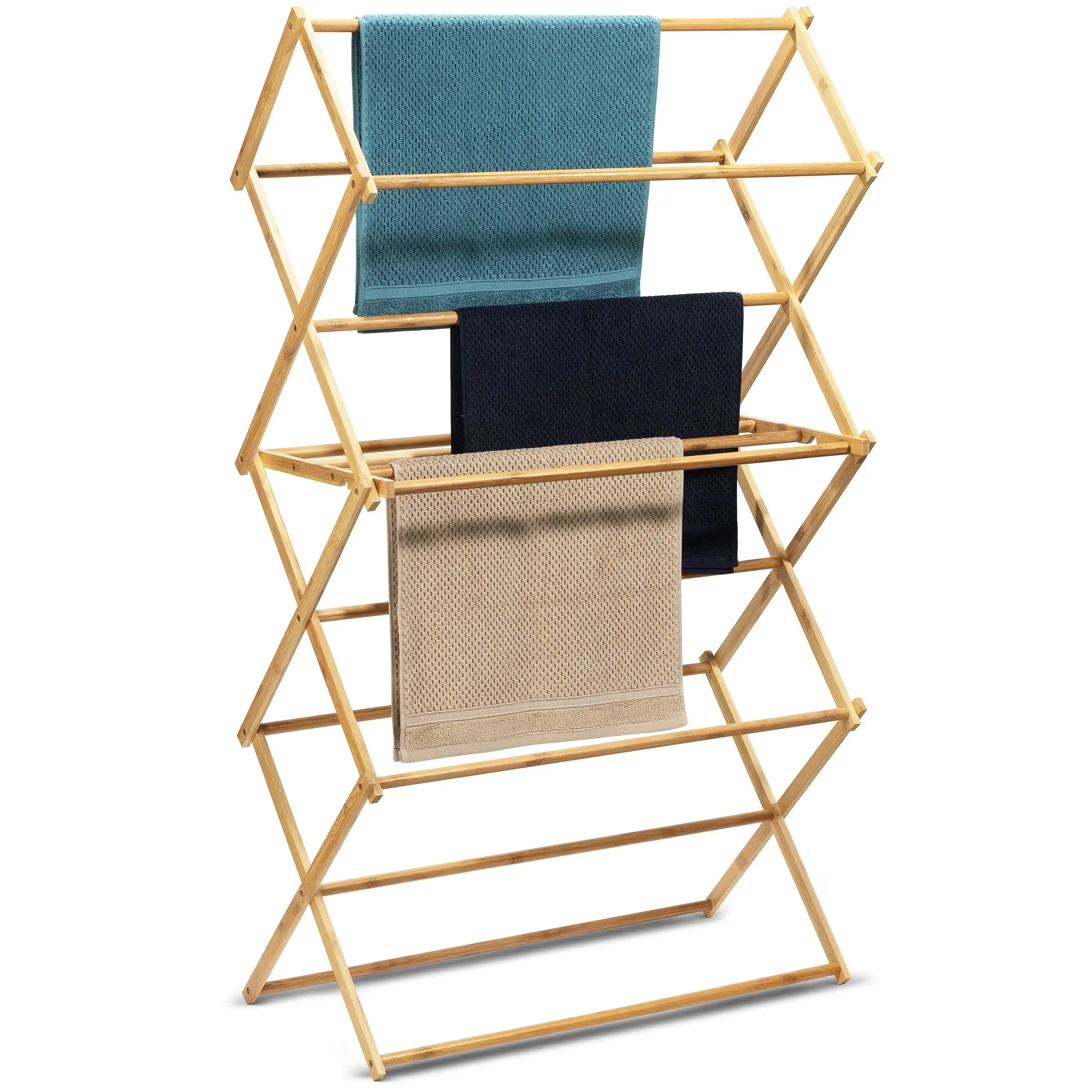 Three Tiers Large Wooden Clothes Drying Rack Durable Laundry Dryer Rack 100% Bamboo Wood Folding Laundry Drying Rack for Clothes