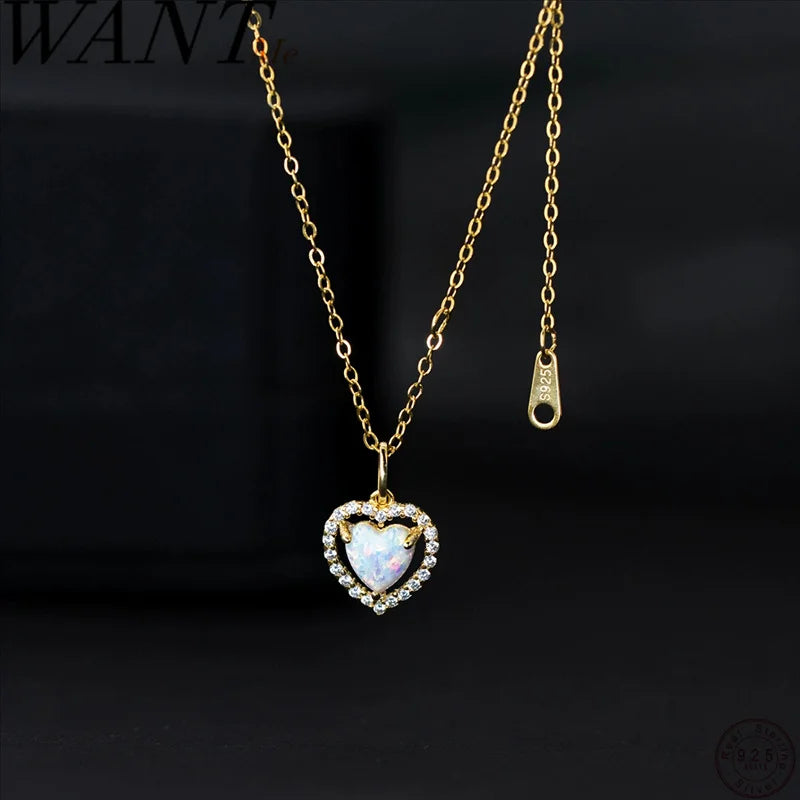 925 Sterling Silver Opal Pendant Necklace for Women Romantic Love Heart Design Elegant Sweet Party Fine Weddings Engagements