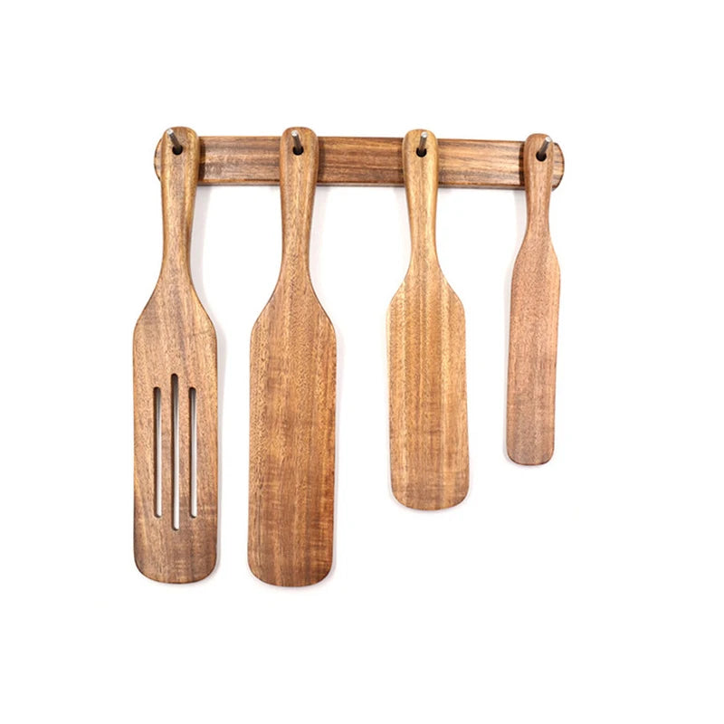 Acacia Wood 5-Piece Kitchen Utensil Set with Wall Bracket Modern and Durable ACACIA Collection for Household Cleaning Tools