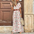 2023 Women Summer Boho Print Dress Elegant V Neck Short Sleeve Belt Large Hem Long Dress Vintage Beach Party Maxi Dress