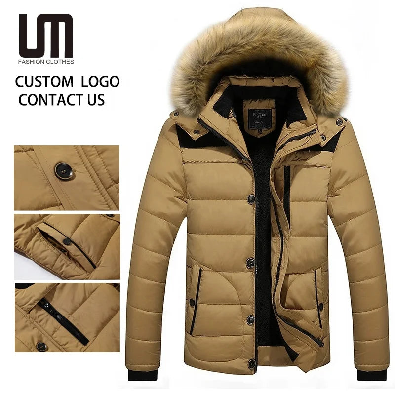 Custom Your Logo Good Quality Trending Men Winter Outerwear Thick Fur Collar Hooded Jacket Warm Wool Liner Plus Size 6XL Coat