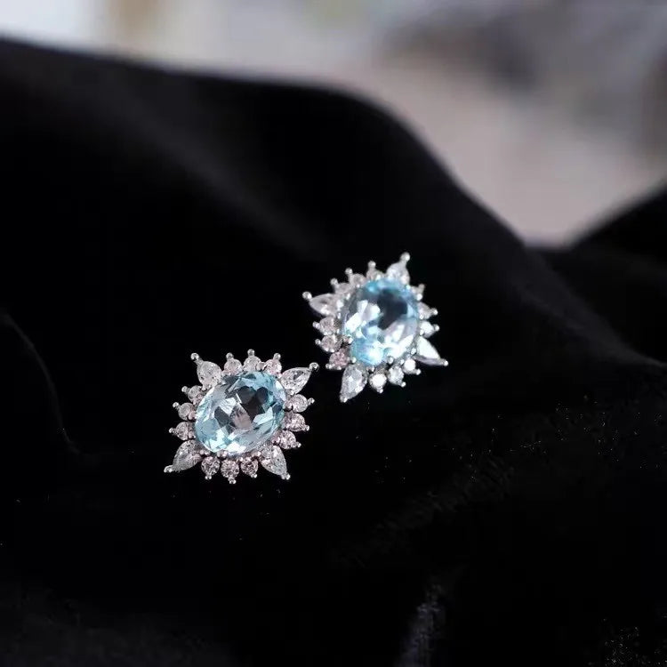 Sky-blue Color Luxury Zircon Pendant 14K Gold Plated 925 Sterling Silver Women Gemstone Earrings