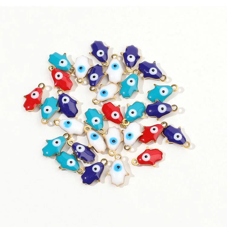 S1212 Vintage 18K Gold Plated Stainless Steel Religious Jewelry Supplies Enamel Evil Eyes Fatima Hamsa Hand Charm Pendants