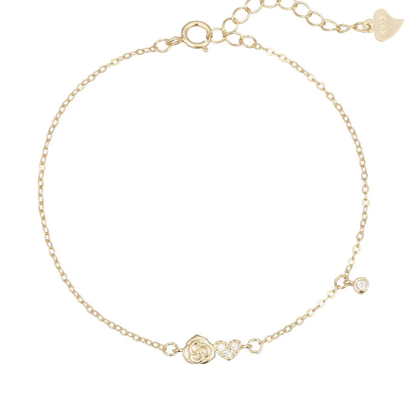 Fashion Jewelry 925 Sterling Silver Heart Zircon Bracelet Romantic Rose Flower Gold Plated Bracelets for Women