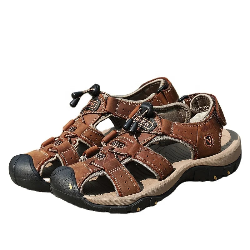 IRONDONKEY Large Size Outdoor slippers  Men Casual Outdoor Hiking Sport Sandal Breathable Toe Closed Leather Sandals for Men