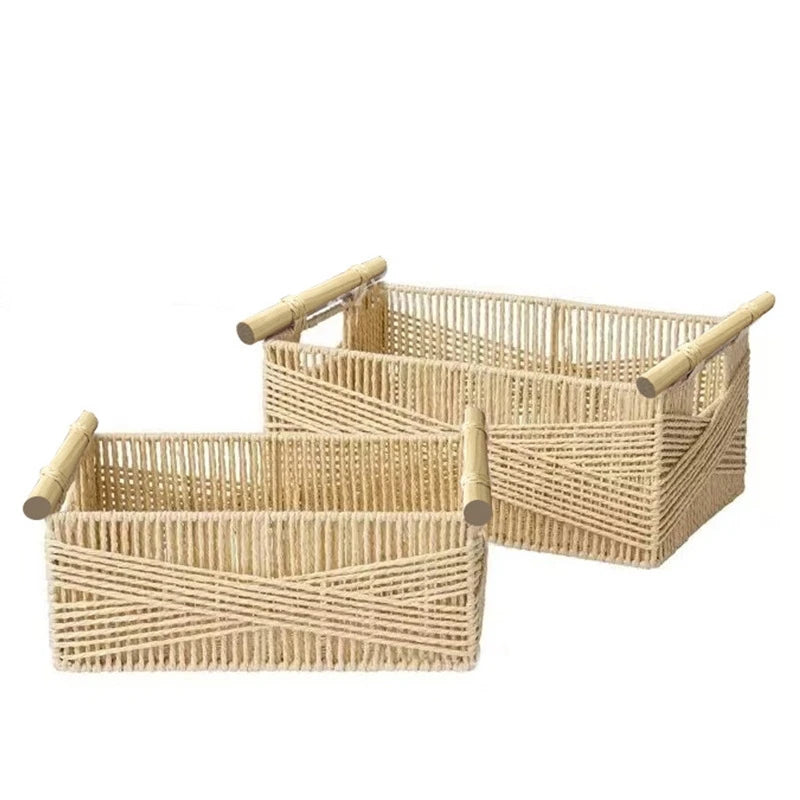 Set of 2  Woven Basket Bins for Shelves Organizing Recyclable Paper Rope  Wicker Storage Baskets with Wood Handles