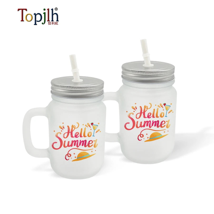 Topjlh Frosted Sublimation Glass Mason Jar with Lids Reusable Drinking Tumblers Blanks Glass Jar for Beer Juice