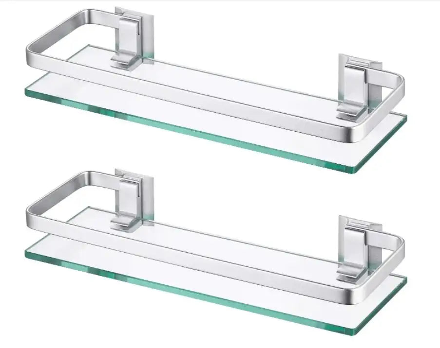 Bathroom Glass Shelf Aluminum Tempered Glass 8MM Extra Thick 2 Pack Rectangular 1 Tier Storage Organizer Wall Mount Silver
