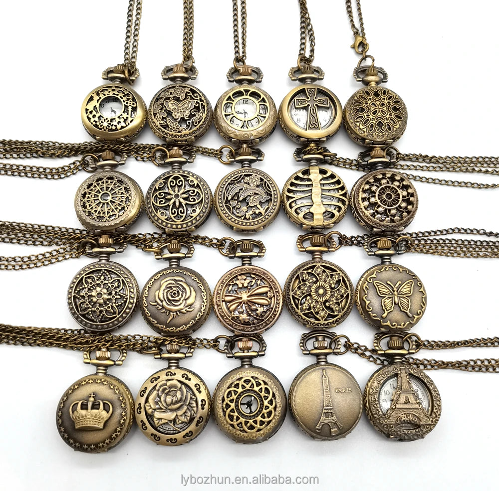 Mix 20 Designs Small Size Classic Roman Zinc Alloy Diameter 27MM Quartz Movement Vintage Antique Heart Hollow Pocket Watch