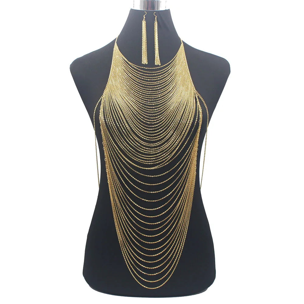 Gold Plated Zinc Alloy Necklace & Earring Set with Link Chain-Wearable Body Chain Jewelry for Anniversary