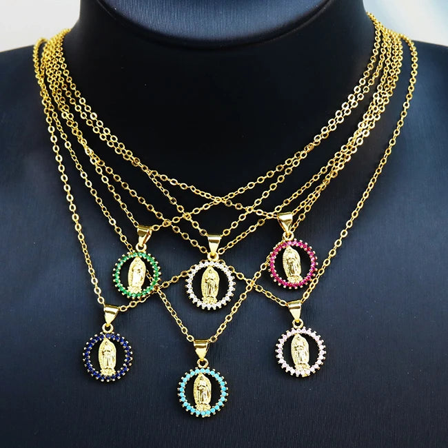 Multi Color Zircon Pendant Necklace Popular Hot Selling Zircon Virgin Mary Religious Jewelry Pendant Necklace