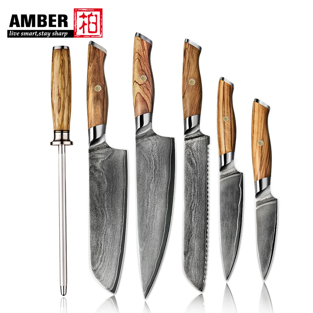 New Design 3 Layer Composite 5pc Kitchen Knife Set Stainless Steel Knife Set Carbon Steel Knife Set with Olive Wood Handle