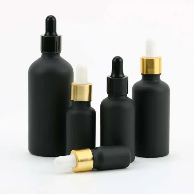 Free Sample Black Glass Essential Oil Dropper Bottle 5ml to 100ml Sizes for Eye Cream Screen Printing Surface Handling