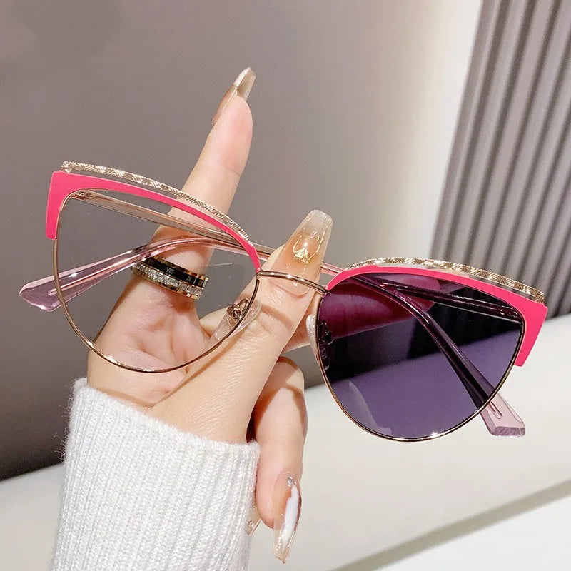 High Quality Fashion Cat Eye Photochromic Anti-UV Optical Eyeglasses Anti Blue Light Metal Prescription Myopia Glasses Frame