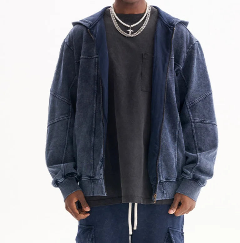 Custom 100% Cotton Wholesale Winter Retro Jacket Streetwear Heavyweight Zip-up Vintage Pocket Embroidered Beaded Washed Hoodie