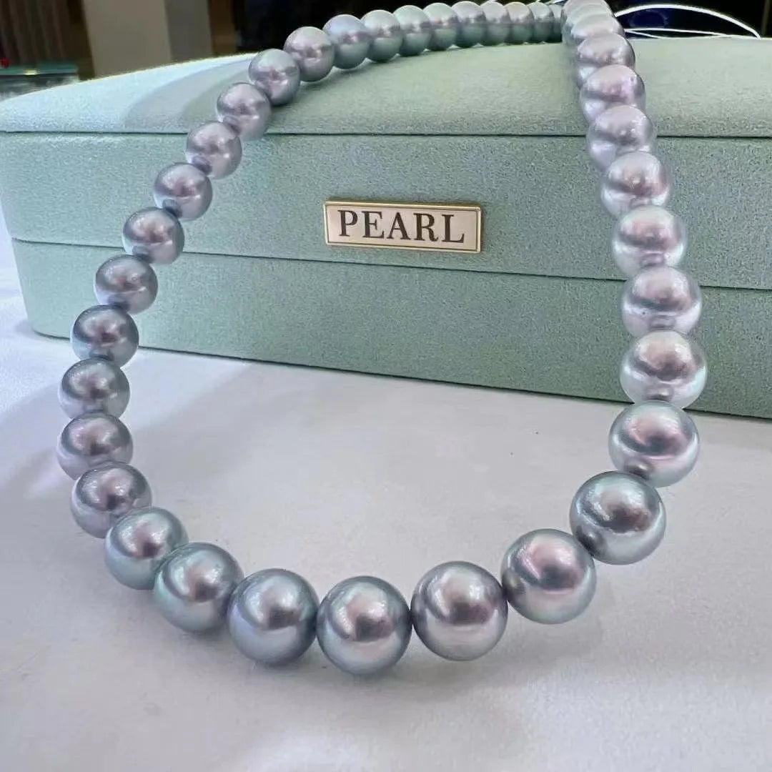 Fine Jewelry High Quality 9-9.5mm Seawater Gray Silver Blue Akoya String Pearl Necklace