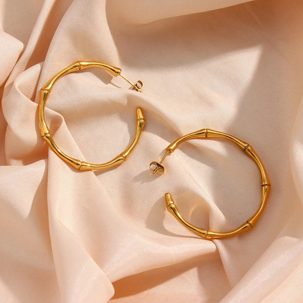 Dreamshow Open Hoop Stainless Steel Bamboo Earrings Gold Plated Stainless Steel Earring Thin Hoop Earrings