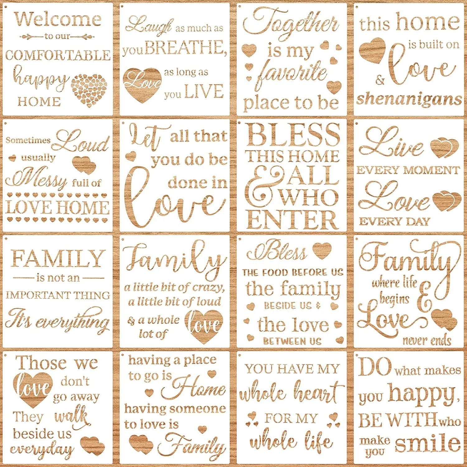 16 Pcs 8*8 Inch Family Sign Stencil Reusable Painting Stencil Love Home Inspirational Word Stencils