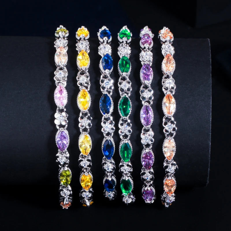 Romantic Multi Color Purple Marquise Cut Cubic Zirconia Crystal Link Chain Bracelets for Women Fashion Jewelry Accessories Gift