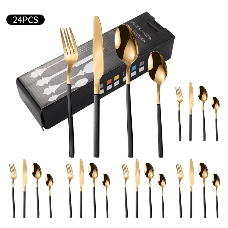 Stainless Steel 24pcs Wedding Cutleri Western Silverware Fork and Spoon 6 Flatware People Luxury Black Gold Rustic Cutlery Set