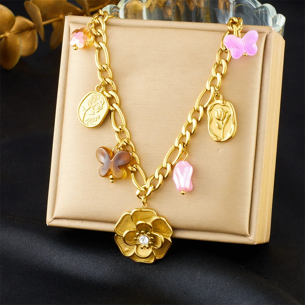 New Stainless Steel Thick Chain Flower Pendant Necklace Jewlery 18k Gold Tarnish Free Butterfly Flower Charm Necklace for Women