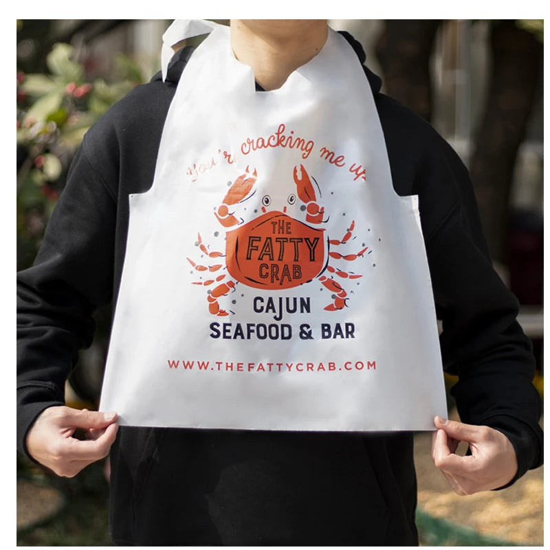 Custom White Disposable Poly Crab Adult Bibs Funny Waterproof Plastic Seafood Apron Bibs for Adults