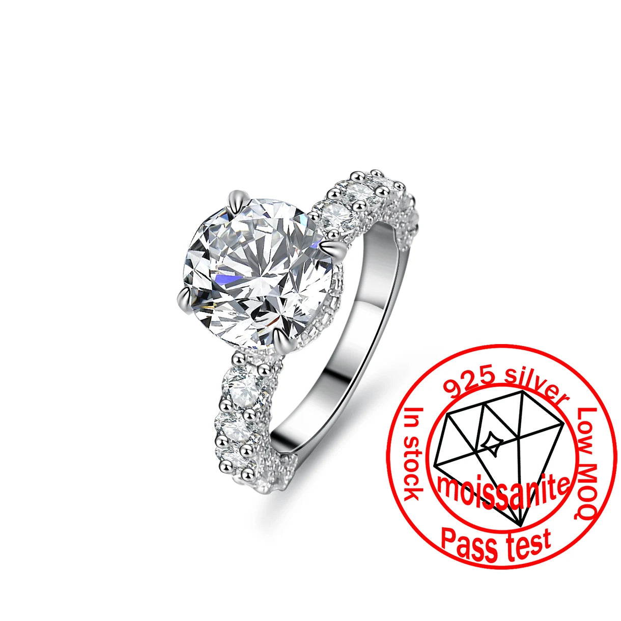 Big 3Ct Solitaire Platinum Plated S925 Sterling Silver Wedding Engagement Women's Rings Fine Jewelry Classic Brilliant Cut Prong