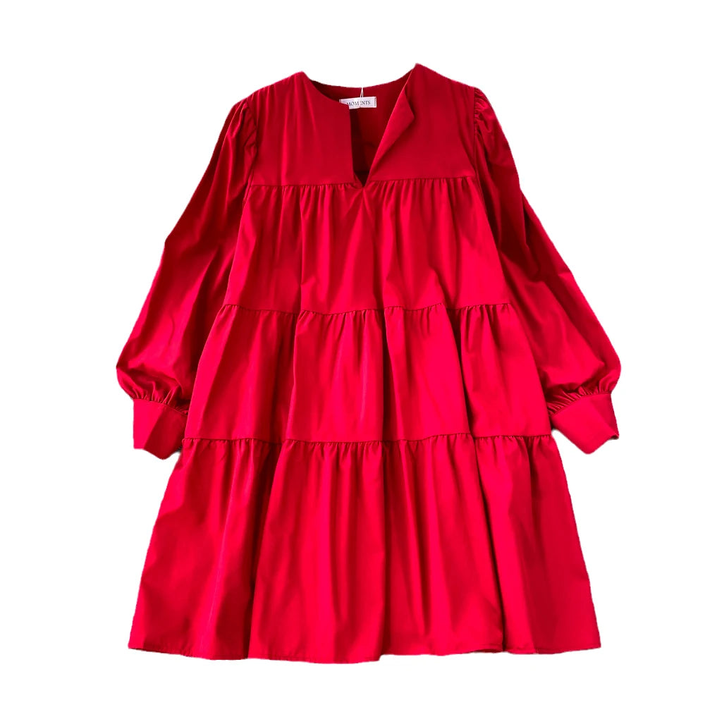 Spring and Autumn South Korea Chic Bubble Long Sleeve V Collar Pleated Design Loose Mid-length Small Doll Dress