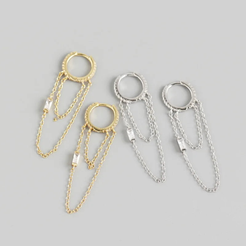 Small Huggie Hoop Cz Charm 925 Silver Jewelry Tassel Chain Earrings