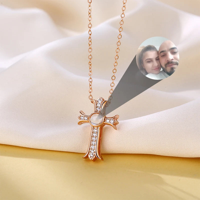 Custom Photo Chain Brass Pendant Projection Necklace Hiphop Birthstone Gold Cross Brass Zircon Jesus Pendant Projection Necklace