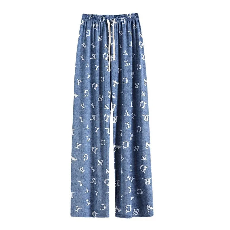 Ice Silk Jeans Women's Summer Sky Silk Print Straight Leg Casual Pants Thin Loose Sag Pants High Waist Wide Leg Pants