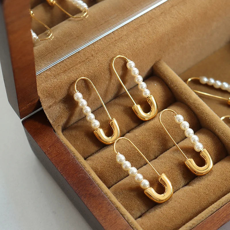 MARONEW Hot Entry Lux Retro Paper Clip Pearl Earring 18K Gold Plated Stainless Steel Simple Office Clip Earrings
