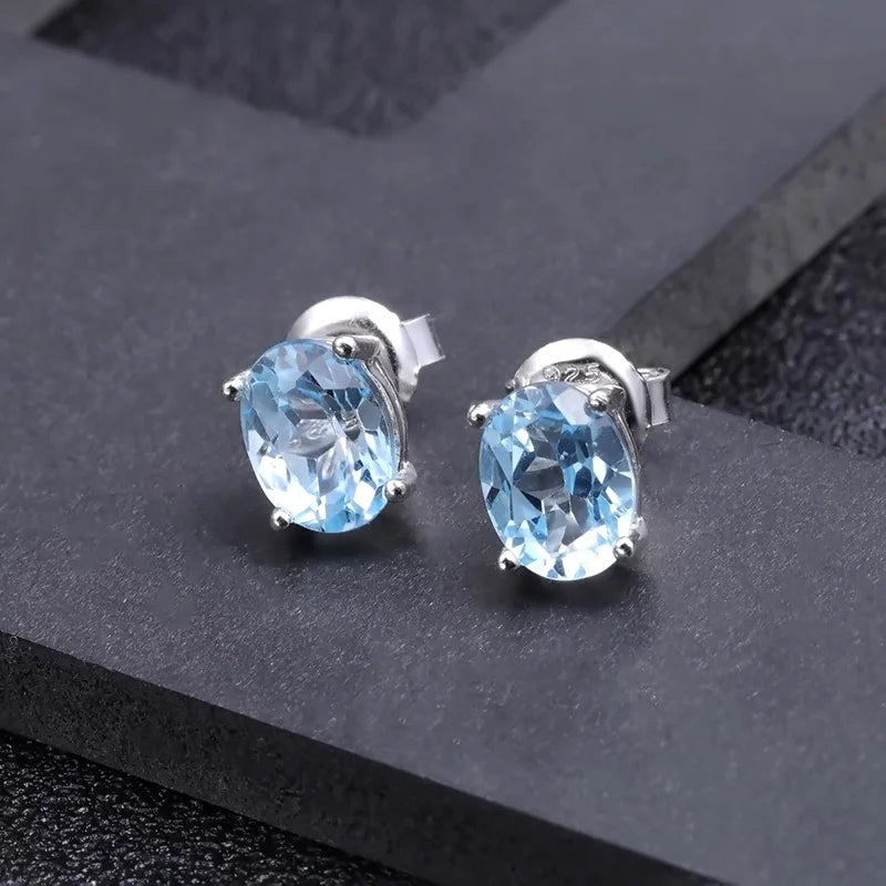 Abiding Natural Sky Blue Topaz Gemstone Oval Shape 925 Sterling Silver Fashion Jewelry Gift Women Elegant Stud Earrings