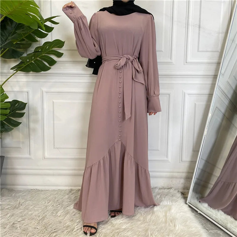 New Arrival Solid Color Free Belt Chiffon Maxi Dress Islamic Clothing Muslim Dubai Button Modest Abaya With Pockets